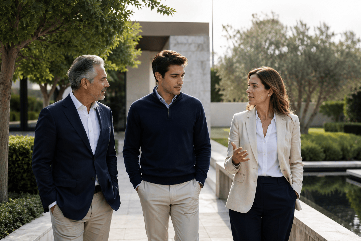 Three principals and advisors in conversation on a courtyard walkway